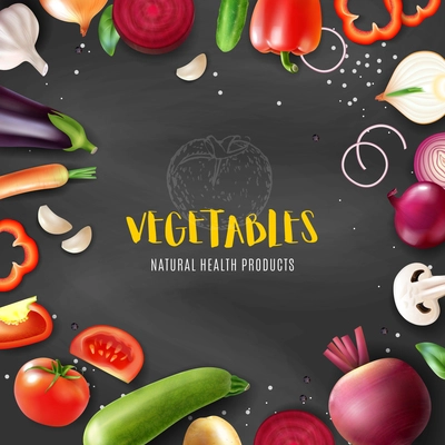 Realistic vegetables chalkboard frame composition with editable ornate text surrounded by slices and pieces of fruits vector illustration