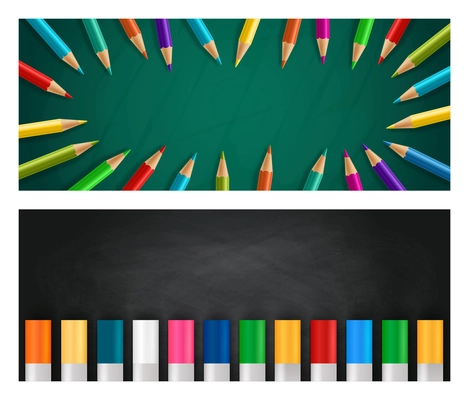 Back to school realistic horizontal banners set with colorful crayons and pencils on chalk board background isolated vector illustration