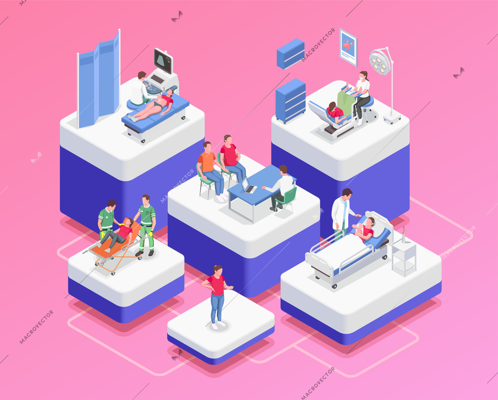 Pregnancy composition with pregnant women consulting gynecologists in clinic on pink background 3d isometric vector illustration