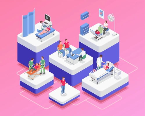 Pregnancy composition with pregnant women consulting gynecologists in clinic on pink background 3d isometric vector illustration