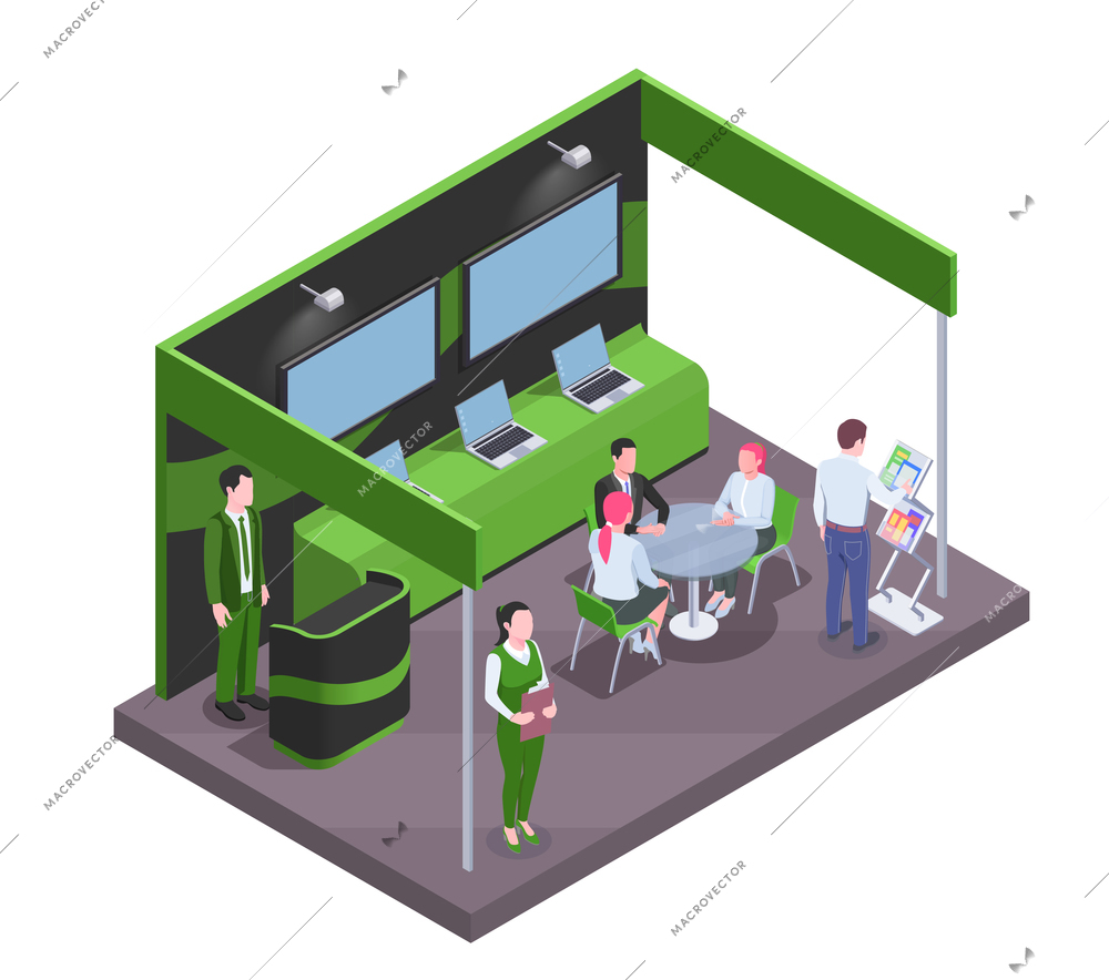 Visitors and staff communicating near expo stand with tv sets and laptops isometric composition 3d vector illustration