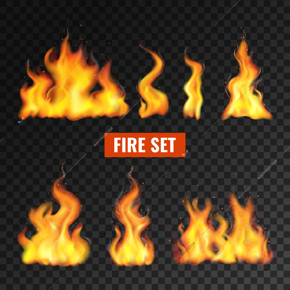 Realistic fire flame transparent icon set with different sizes and shapes of isolated elements vector illustration