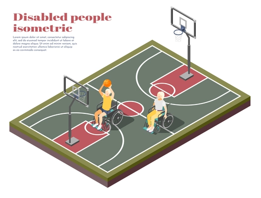 Disabled people isometric composition with two invalids in wheelchair playing basketball on playground vector illustration