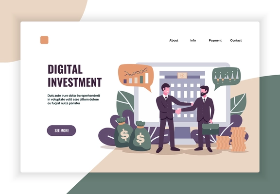 Digital investment concept banner website page with clickable text links conceptual images and get more button vector illustration