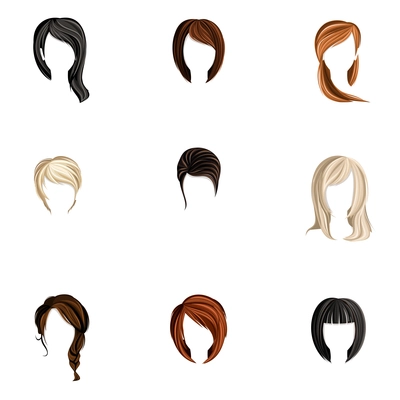 Girl head colored hair style silhouette icons set isolated vector illustration