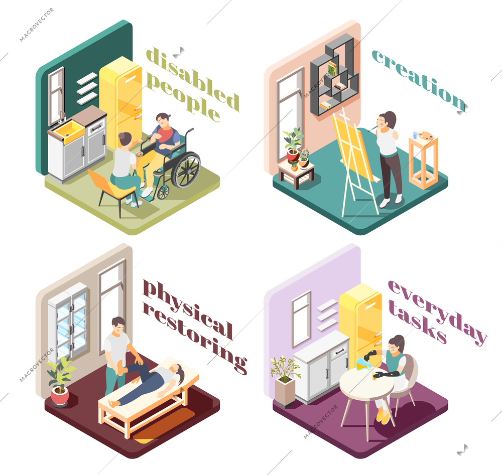 Disabled people 2x2 design concept with physical restoring creation everyday tasks isometric compositions vector illustration