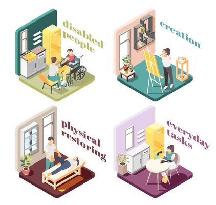 Disabled people 2x2 design concept with physical restoring creation everyday tasks isometric compositions vector illustration