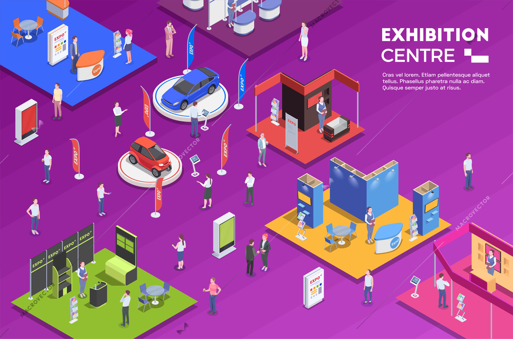 People visiting exhibition center with colorful exposition stands isometric background 3d vector illustration