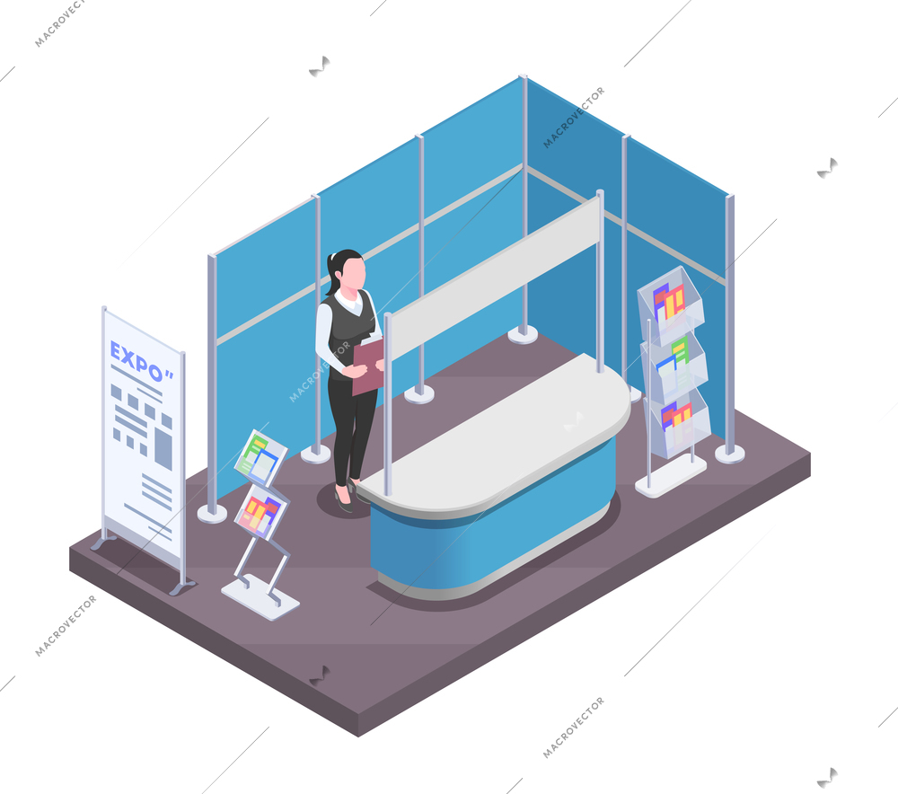 Woman standing at expo promotional stand with empty desk isometric composition 3d vector illustration