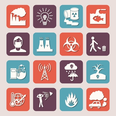 Pollution toxic environment damage radioactive garbage and contamination silhouette icons isolated vector illustration