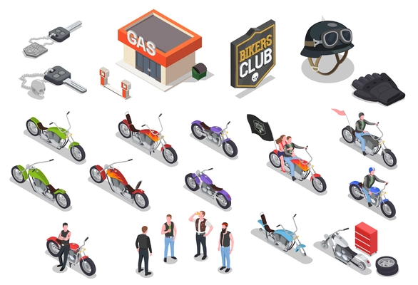 Bikers characters their accessories and different motorbikes models isometric icons set isolated on white background 3d vector illustration