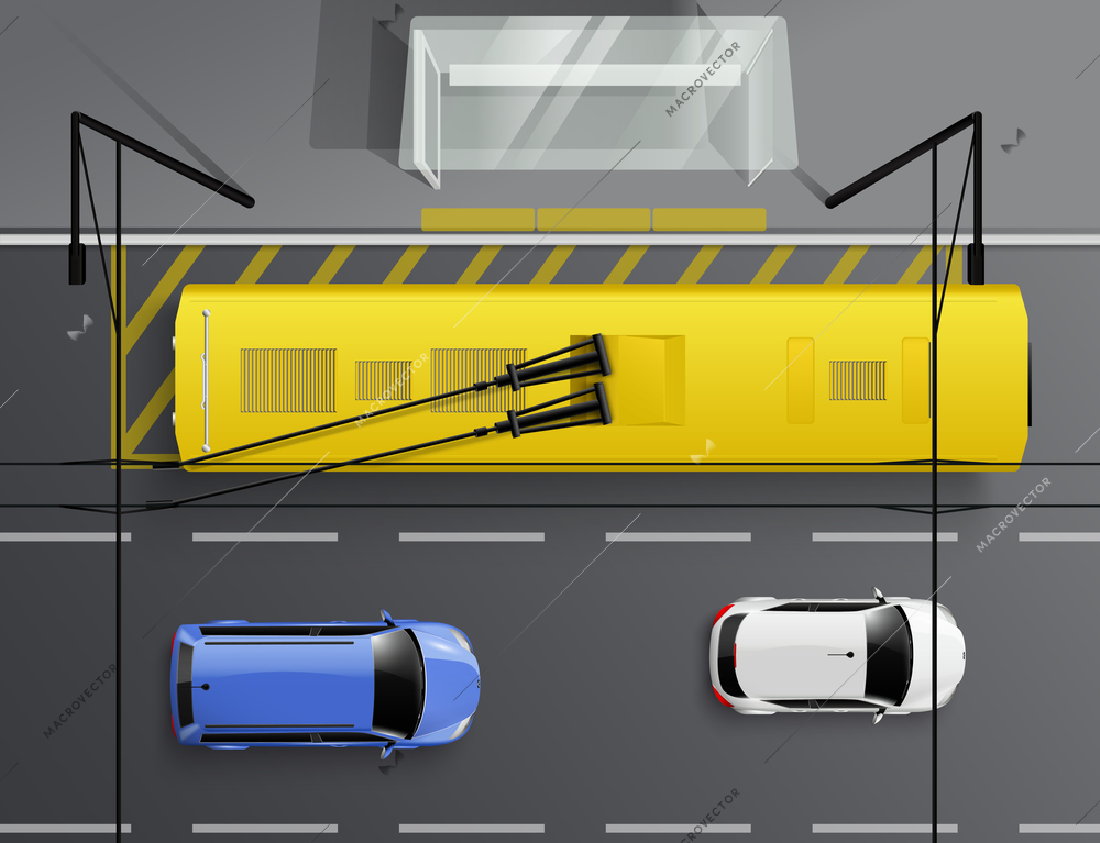 Cars top view realistic composition with images of automobiles driving along road and trolleybus at stop vector illustration