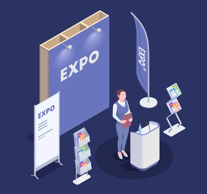 Woman promoting goods near expo stand isometric composition on blue background 3d vector illustration