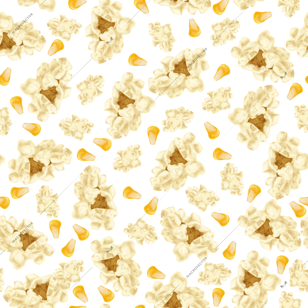 Realistic white popcorn with yellow corn seeds fast food seamless pattern vector illustration