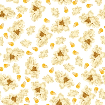 Realistic white popcorn with yellow corn seeds fast food seamless pattern vector illustration