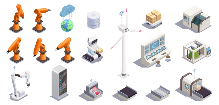 Smart industry isometric icons set with remote controlled robots data center computers for monitoring 3d isolated vector illustration