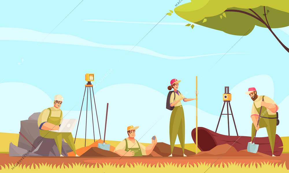 Geologist soil composition with group of flat doodle characters measuring digging ground in wild outdoor scenery vector illustration