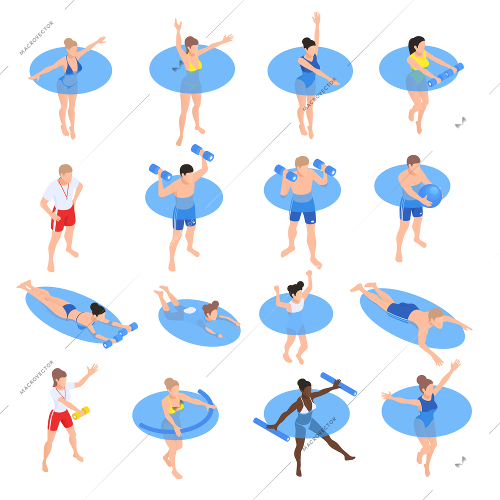 Water aerobic aquatic fitness workout isometric icons set with people training in swimming pool isolated vector illustration