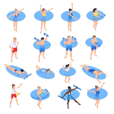 Water aerobic aquatic fitness workout isometric icons set with people training in swimming pool isolated vector illustration