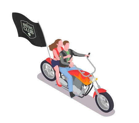 Isometric composition with man and woman riding motorbike with black bikers club flag 3d vector illustration