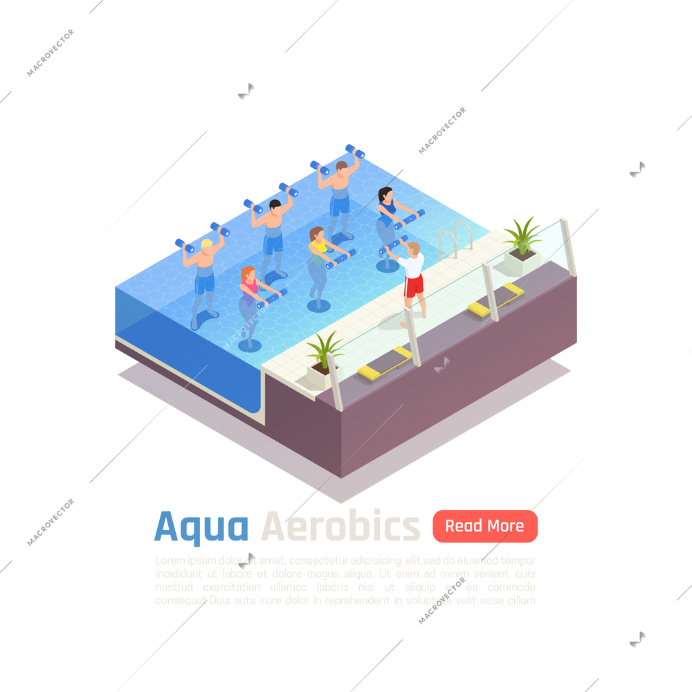 Water aerobics low impact intense workout with weights isometric composition with group aqua training class vector composition