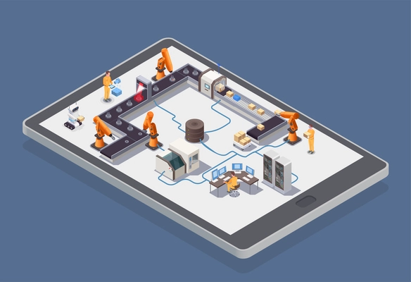 Smart industry isometric composition with automated robots working on factory 3d isometric vector illustration