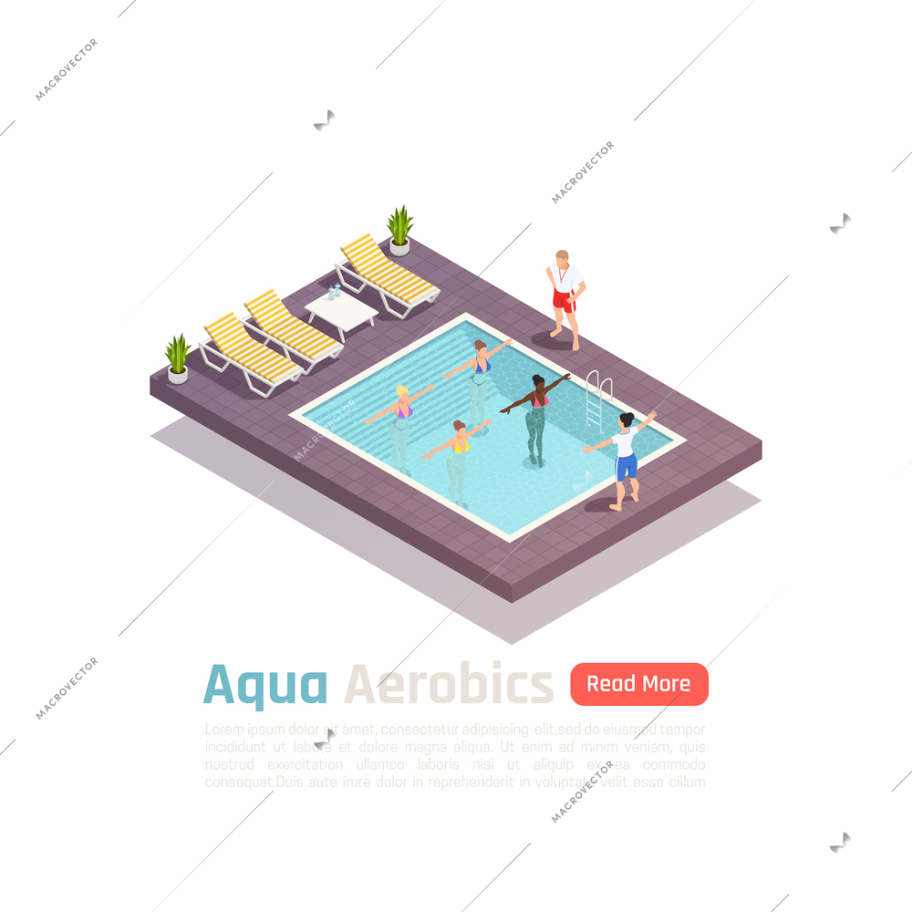 Water aerobics fitness exercise isometric composition with aqua training class in resort outdoor swimming pool vector illustration