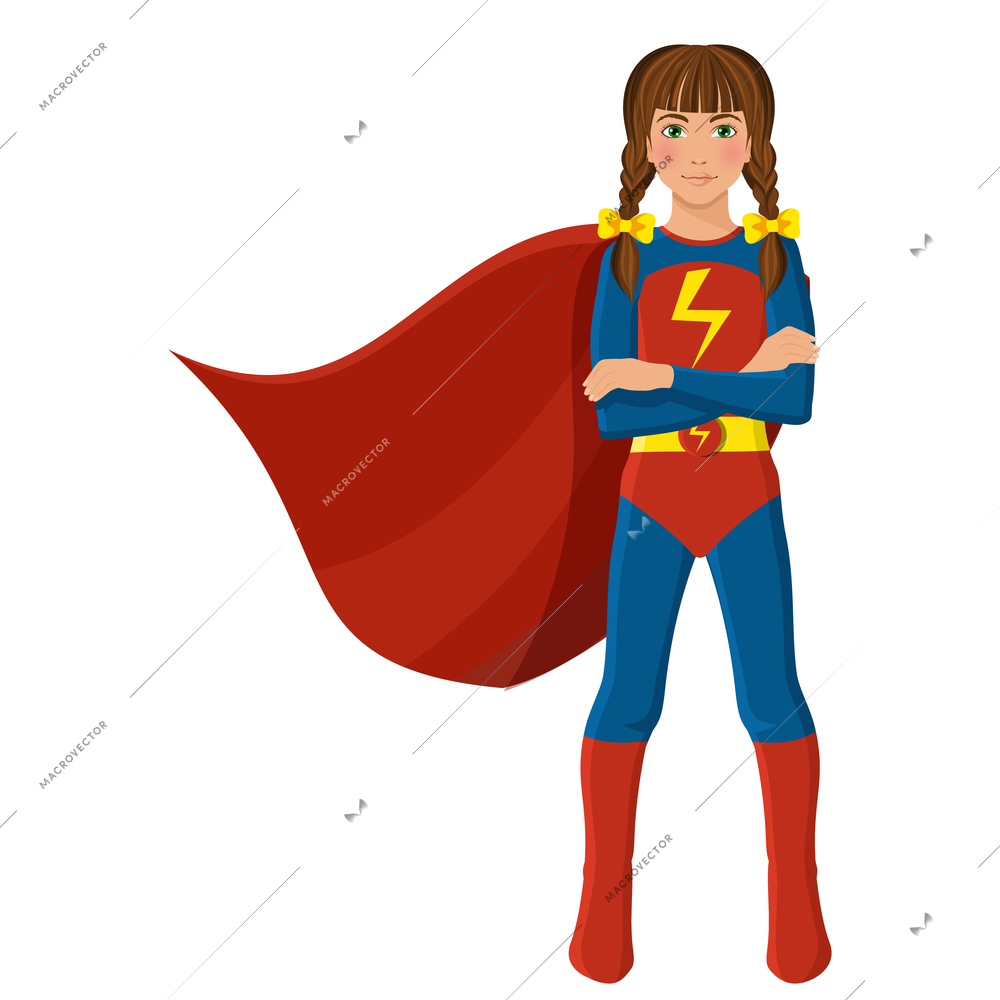 Girl in superhero costume full length portrait isolated on white background vector illustration.