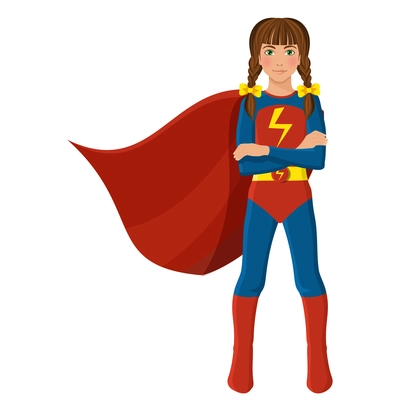 Girl in superhero costume full length portrait isolated on white background vector illustration.