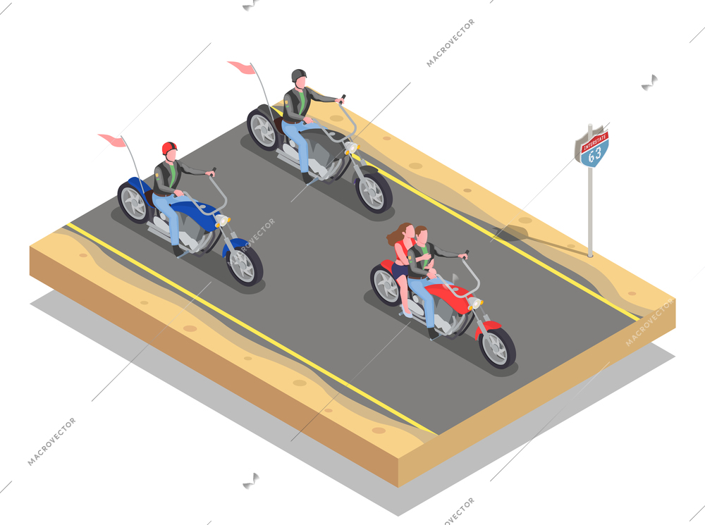 Isometric composition with male and female bikers riding colorful motorcycles 3d vector illustration