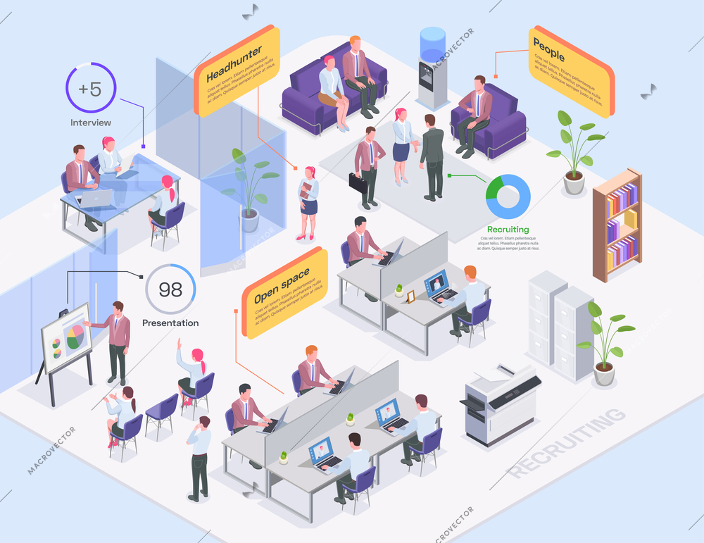 Recruiting agency office interior headhunters and job candidates isometric composition 3d vector illustration