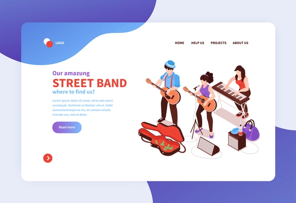 Isometric street musician concept banner web site landing page design with images text and clickable links vector illustration