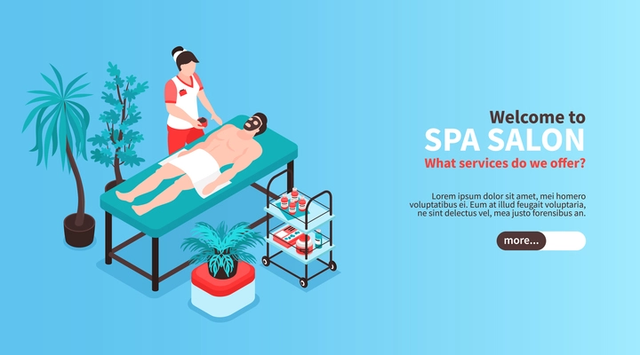 Isometric beauty salon horizontal banner with slider button text and images of spa treatment with people vector illustration