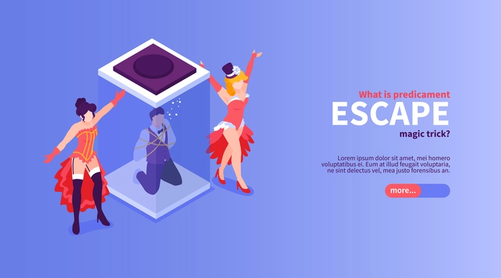 Isometric magician show horizontal banner with text slider button and doodle characters of dancers and illusionist vector illustration