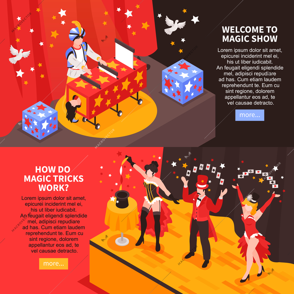 Isometric magician showing horizontal banners set with text more button and images of magicians stage performance vector illustration