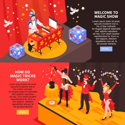 Isometric magician showing horizontal banners set with text more button and images of magicians stage performance vector illustration