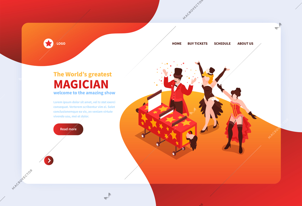 Isometric magician showing concept banner with clickable buttons links and group of magicians during their performance vector illustration