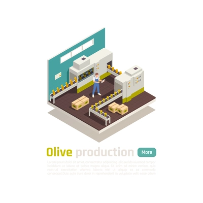 Olive production industry automated line isometric composition with filling sealing tin cans machine conveyor belt vector illustration