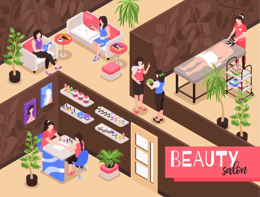 Isometric beauty salon background composition with indoor view of spa studio with people during therapy procedures vector illustration