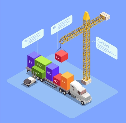 Cargo transportation isometric composition with crane loading colorful containers 3d vector illustration