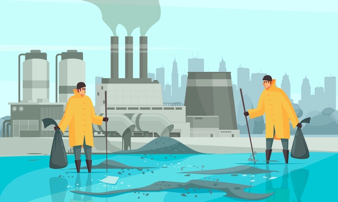 Nature water pollution composition with human characters cityscape and factory buildings background with dirty water surface vector illustration