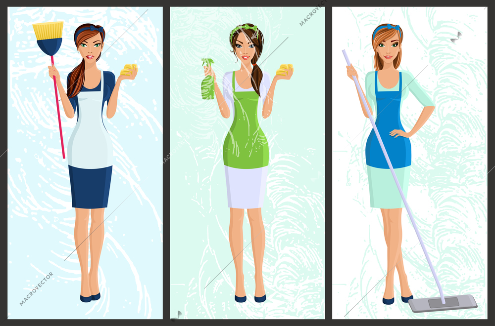 Young woman housewife set cleaning with spray and sponge full length portrait banners isolated vector illustration