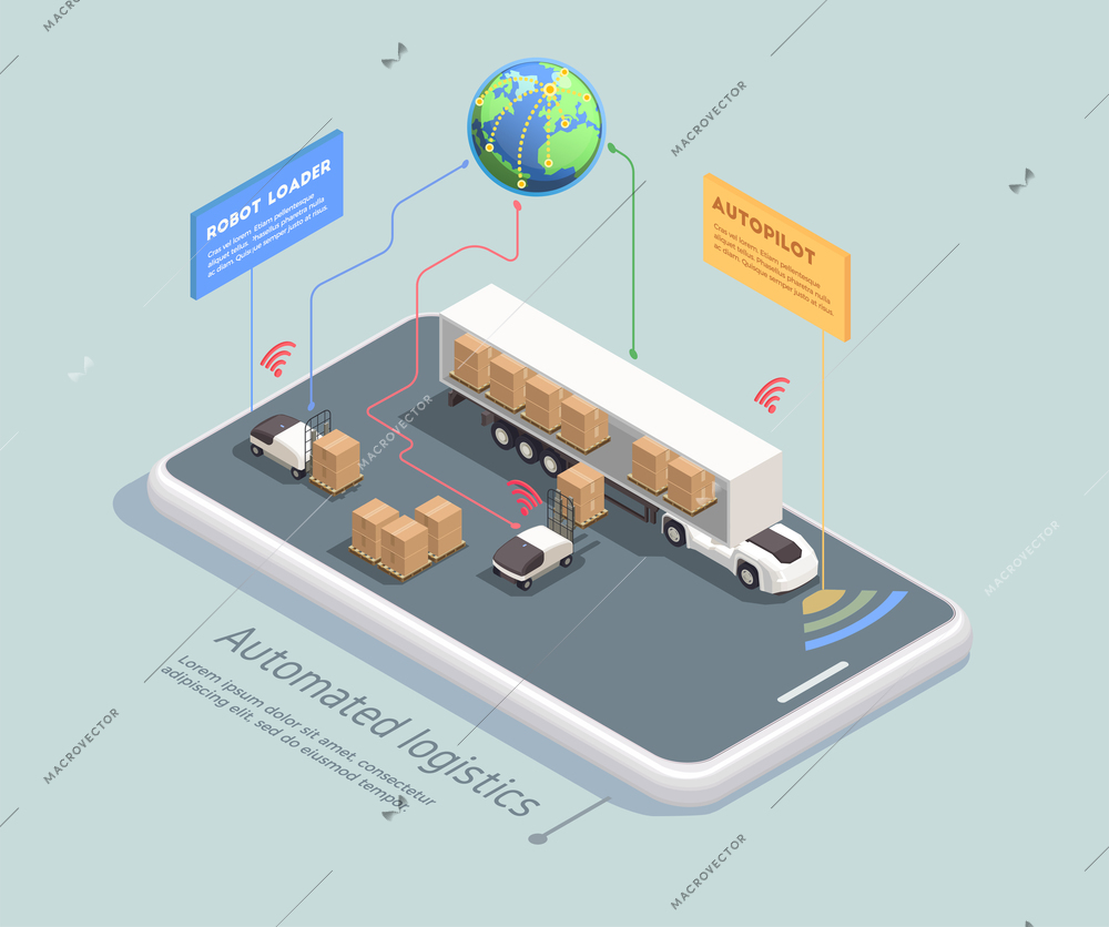 Transportation isometric concept with remote controlled robots loading cargo into truck with autopilot 3d vector illustration