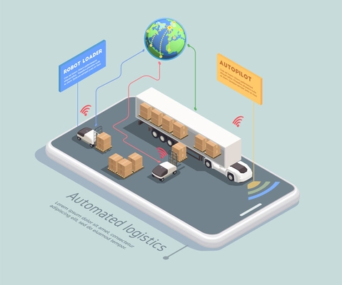 Transportation isometric concept with remote controlled robots loading cargo into truck with autopilot 3d vector illustration