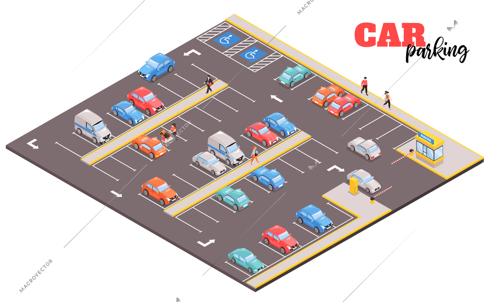 Isometric car parking mall composition with view of square area with images of cars and people vector illustration