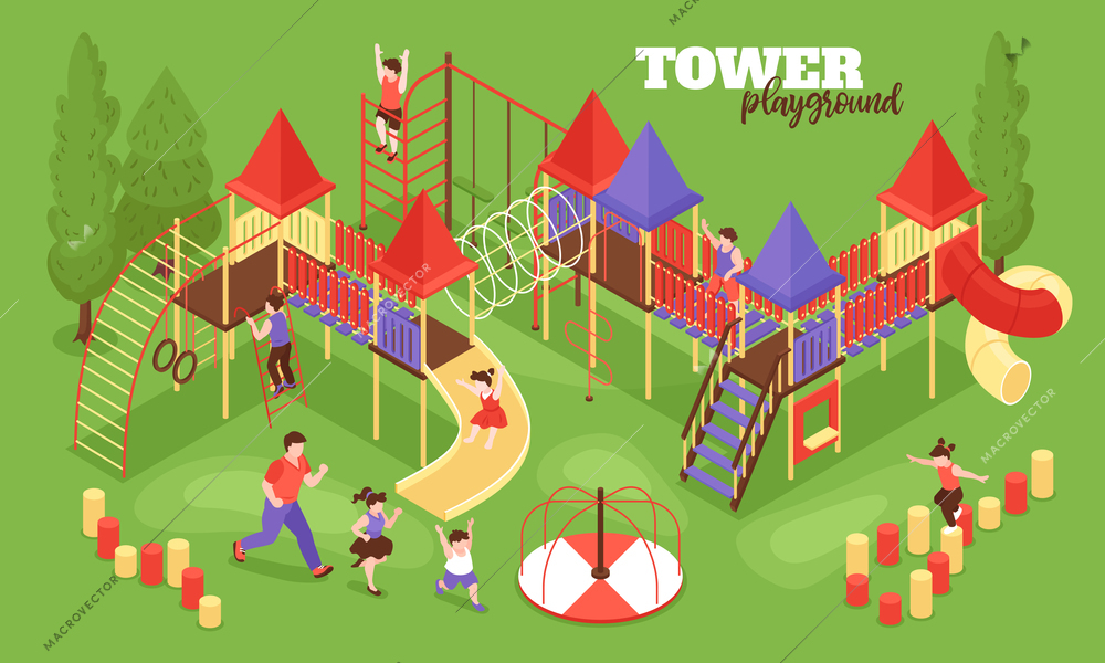 Isometric kids playground background composition with text and outdoor scenery with human characters of running children vector illustration