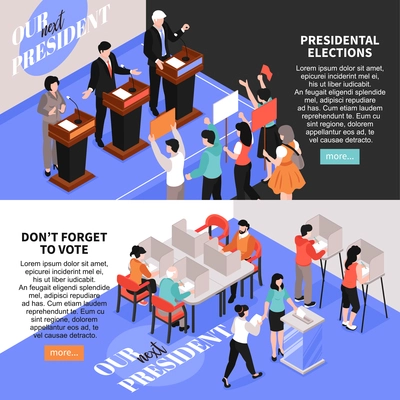 Isometric election banners with images of debates and voting human characters editable text and more button vector illustration