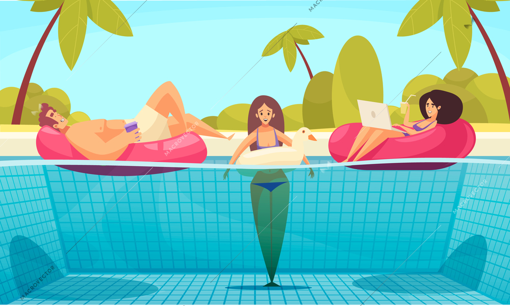 Beach composition with summer landscape palms and pool with flat doodle characters of adult relaxing people vector illustration