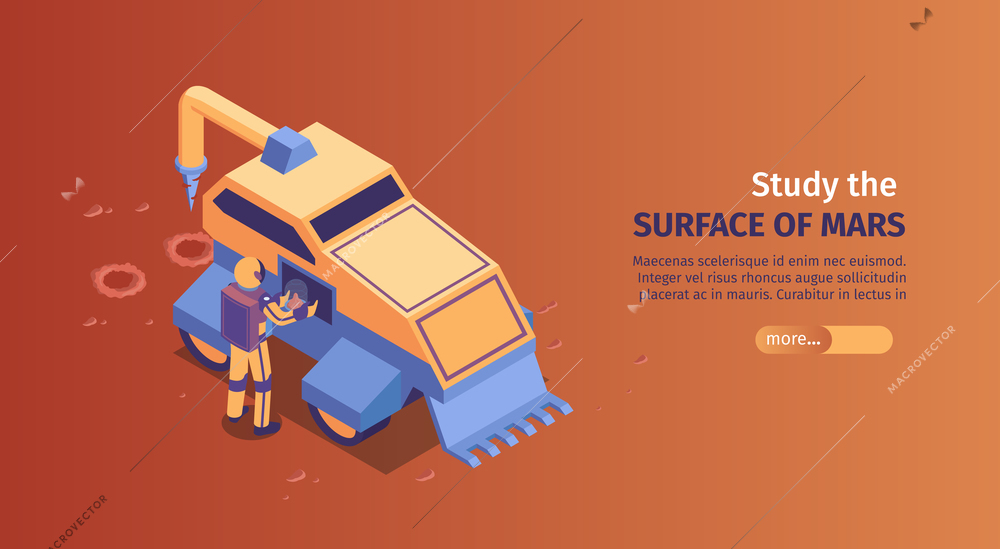 Isometric mars colonization horizontal banner with study the surface of mars headline and more button vector illustration