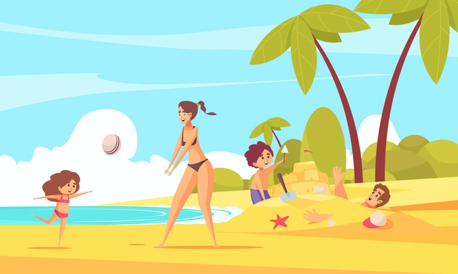 Beach family holiday composition with summer landscape characters of kids playing with parents on sandy beach vector illustration